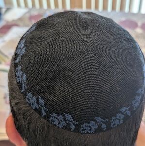 Black Kippah with  Blue Roses. Jewish. Hand Crafted. Made In Israel.